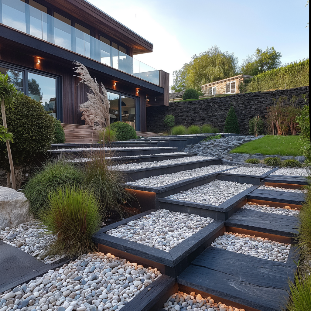 
Casa moderna com um espetacular jardim exterior projetado com Infercôa e seixos rolados