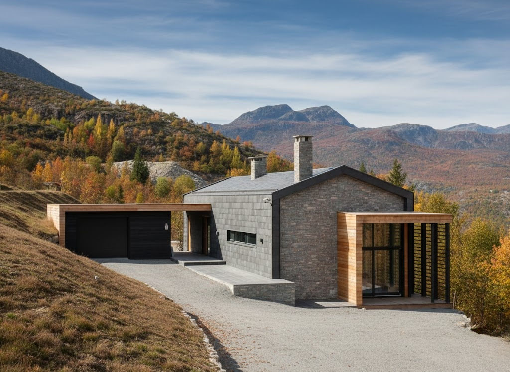 Casa passiva em Stonepanel Nordic, madeira e ardósia.
