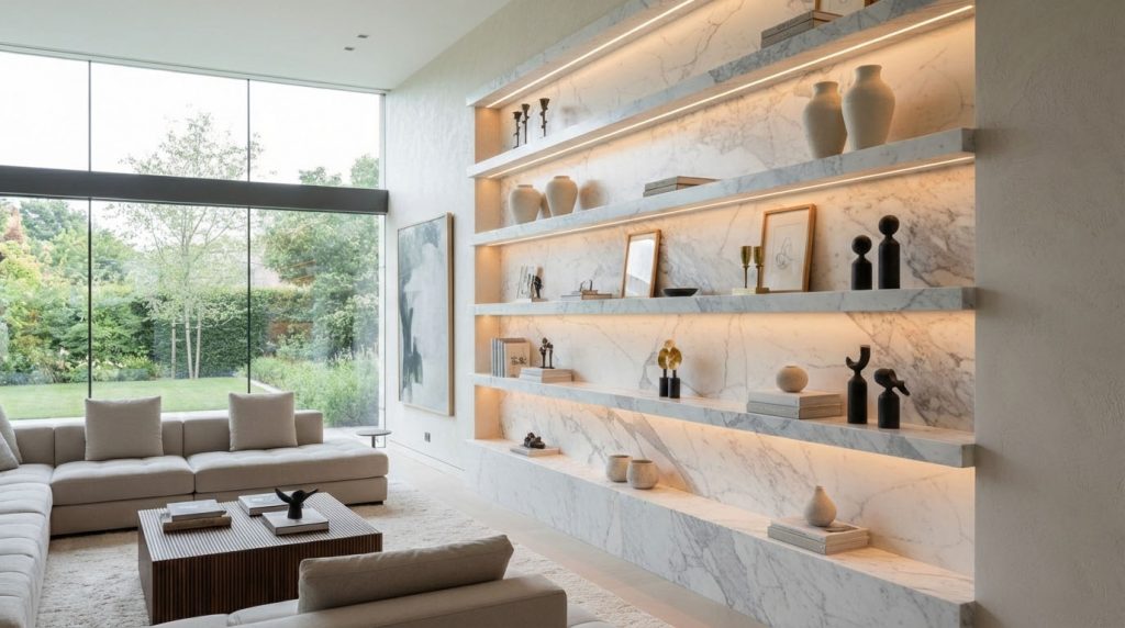 Estante de mármore Calacatta integrada na sala.