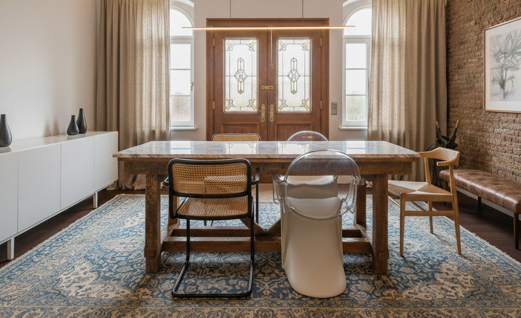 Mesa de sala criada através de upcycling, valorizando a reutilização de materiais; o tampo em mármore confere-lhe um aspeto sofisticado e muito atual.