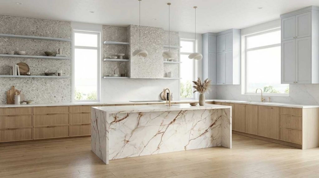 Cozinha com ilha de cozinha em Calacatta Bergamo.